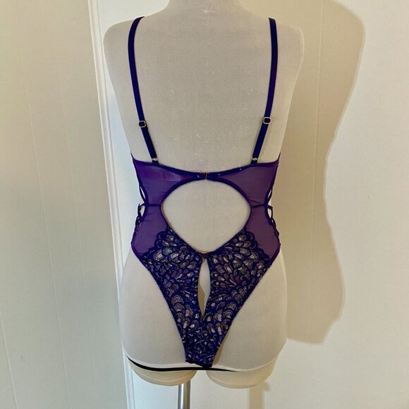 Savage x Fenty Metallic Lace Teddy Bodysuit Grape Purple Small Sheer Criss Cross - Picture 14 of 16